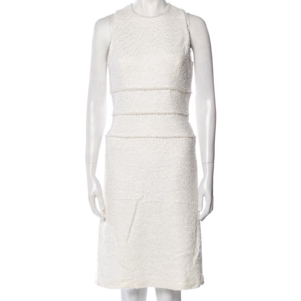 Escada white knee-length form-fitting boucle shift dress w crystal beading